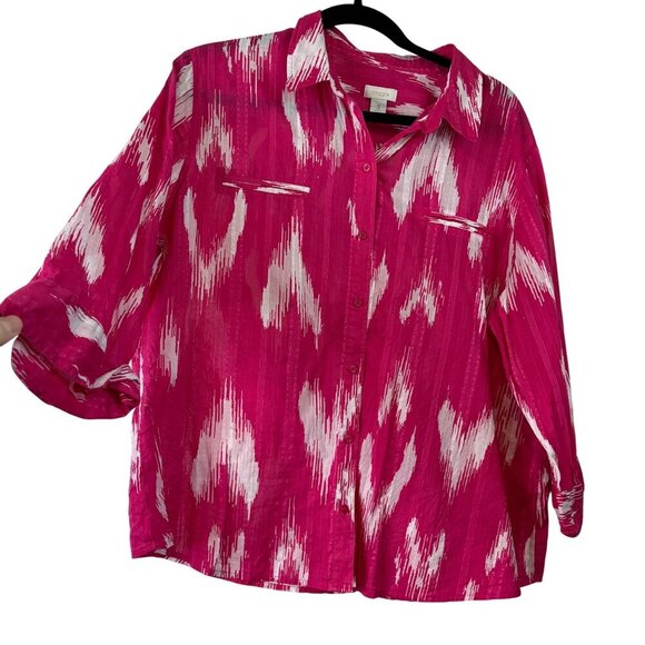Chico's 100% Cotton Vibrant Pink 3/4 Sleeve Button Down Shirt Size XL (3) - Picture 1 of 12